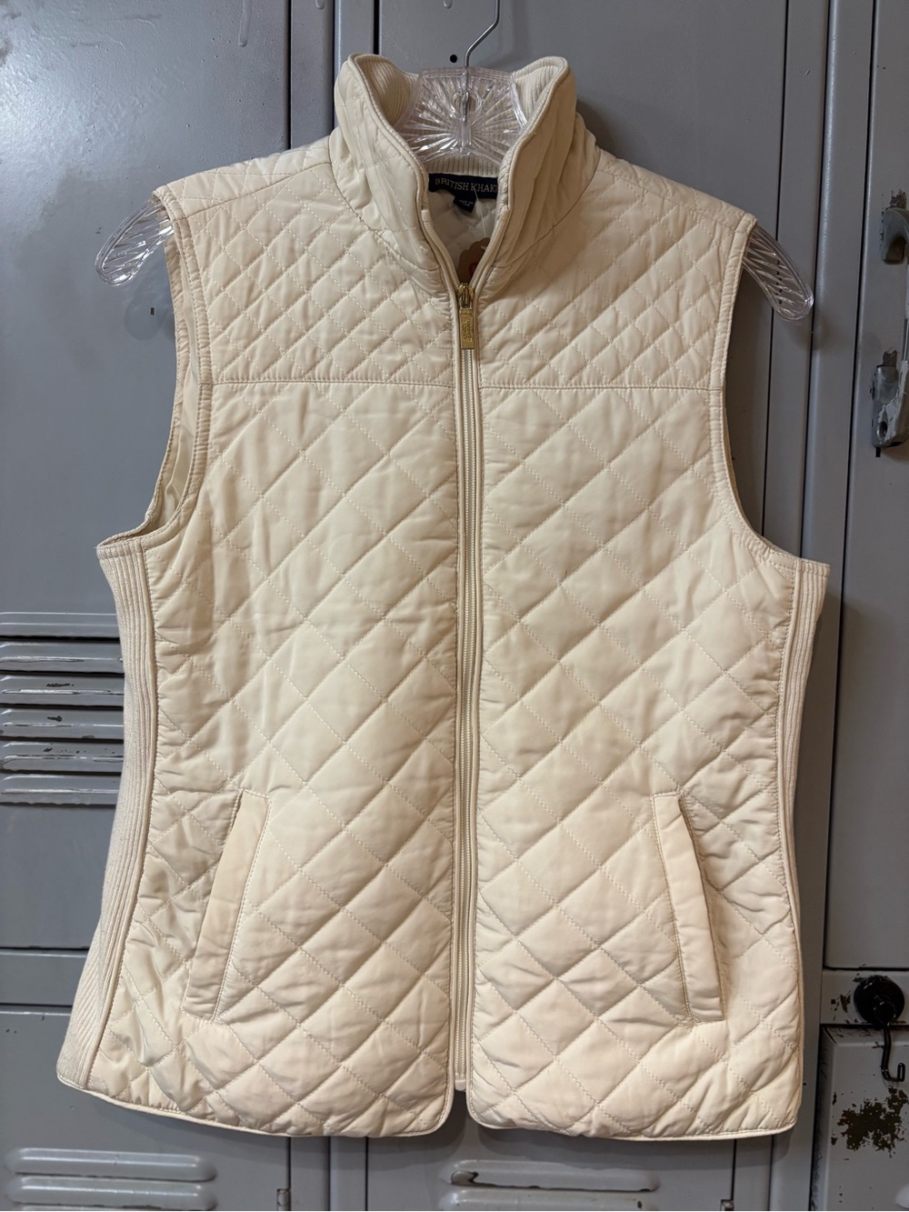 British Khaki Quilted Cream Vest with Stand Collar